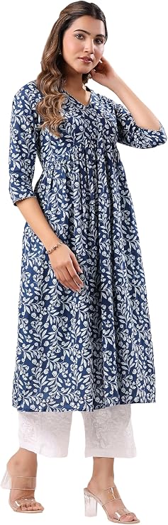Janasya Indian Women's Cotton Blue Floral Print Casual Wear Kurta for Women