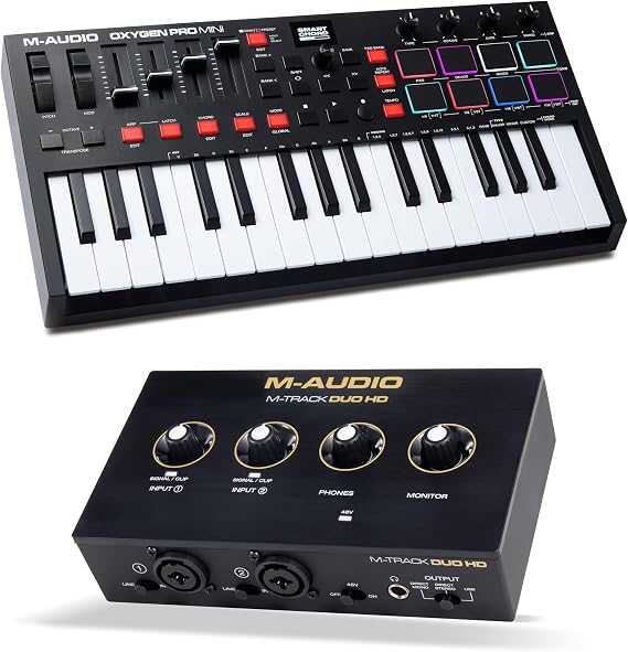 M-AUDIO Oxygen Pro Mini MIDI Controller Bundle with M-Track Duo HD Audio Interface for Studio Recording, Music Production, Podcasting, Streaming