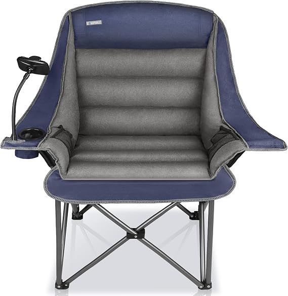 Camping Chairs for Adults-Oversized Extra Large Lawn Chair,Folding Comfy Padded Chair w/Phone Holder,Side Pocket,Cup Holder for Outdoor,Wide&Thick,Heavy Duty 400Lbs,Blue