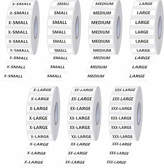 1750 PCS Clear Clothing Size Strip Labels, Tear-Resistant, Residue-Free, Black and White Fonts, 250 Strips Per Roll (7 Rolls, 1.25" X 5")