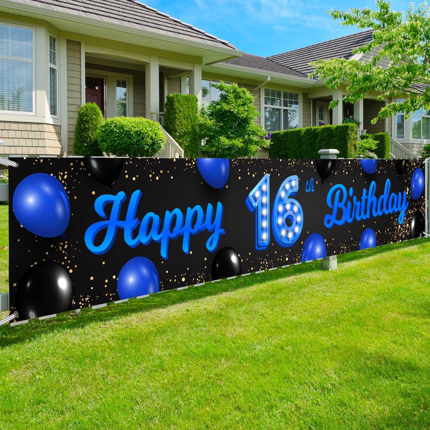 Happy 16th Birthday Blue and Black Banner Cheers to 16 Years Old Backdrop Confetti Balloons Theme Decor for Girls 16 Years Old Birthday Party Decorations Bday Supplies Background Favors Gift Glitter