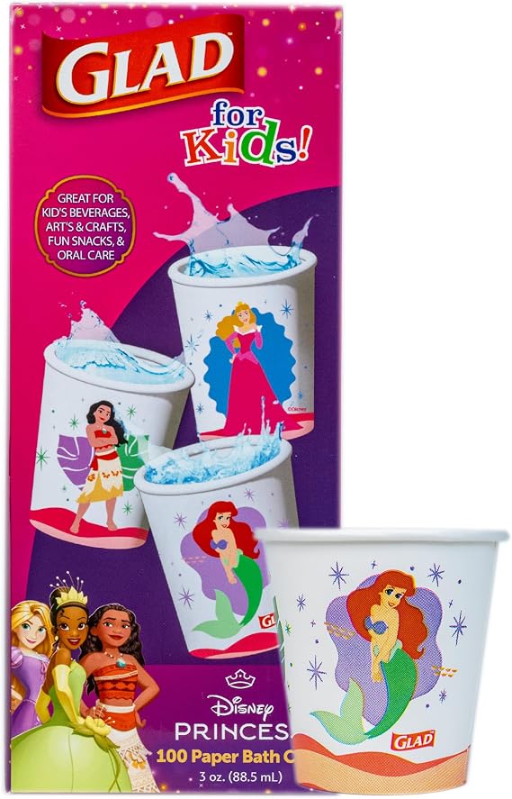 Glad for Kids Disney Princess Mini Paper Cups, 3 Oz, 100 Count | Heavy-duty, soak-proof paper cups for bathroom rinsing and parties; colorful princess designs kids love