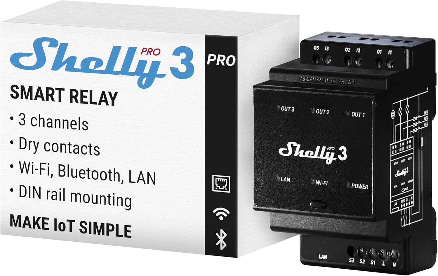 Shelly Pro 3 | Wi-Fi, LAN and Bluetooth 3 Channel Smart Relay | Home and Building Automation | Compatible with Alexa and Google Home | iOS Android App | Light Automation | Remote Control for Motorized Valve