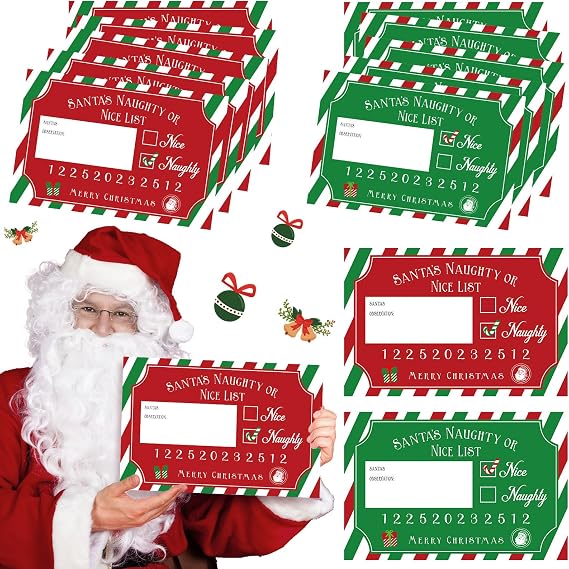 Jetec 20 Pcs Christmas Party Photo Booth Props Santa's Naughty Nice List Mug Shots Funny Mugshot Sign Photo Booth Selfie Props for Christmas Theme Party Favors Decorations