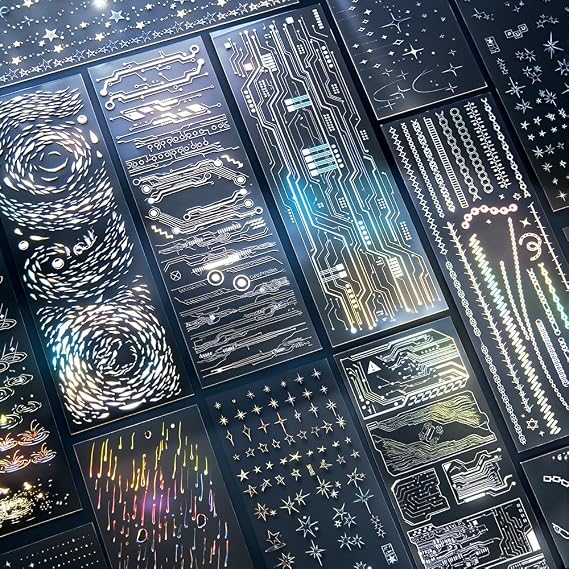 12Sheets Holographic Laser Silver PET Scrapbook Stickers Laser Rain Landscape Star Chain Punk Chip Circuit Korean Sticker Glitter Photocard Deco Stickers For Planner Junk Journal Scrapbooking Supplies