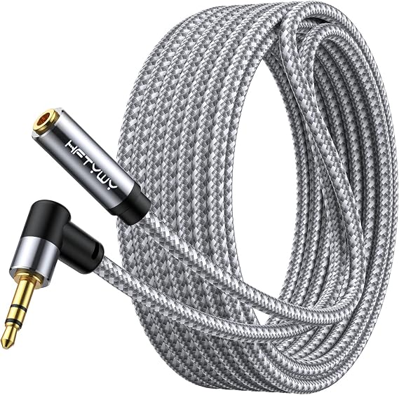 10ft 3.5mm Headphone Extension Cord Male to Female Stereo Audio Extender, 90 Degree Right Angle 1/8 Inch TRS Aux Wire for TV, PC, Smartphones, Braided Double Shielded