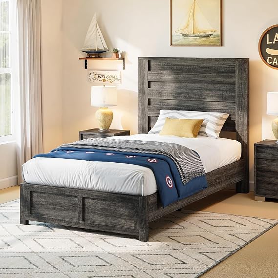 AMERLIFE Farmhouse Twin Bed Frame with 49" Fluted Headboard | Grey Wood Platform Bed, Natural Grain Finish, Noise-Free Frame, No Box Spring Required, 800 lbs Support