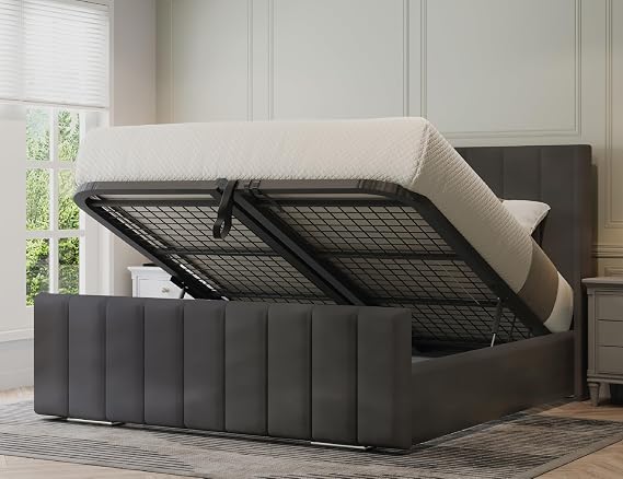 Ottoman Bed - Steel/Dark Grey Double Bed with Storage in Plush Velvet - Upholstered Panel Bed - Mattress Not Included