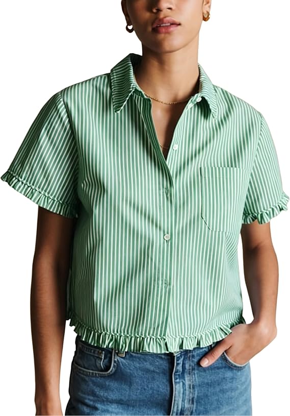 Xiaoxuemeng Women's Striped Shirts Short Sleeve Button Down Casual Blouses