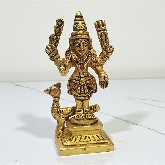 Brass Lord Murugan Idol 3 Inch, 120 Gram | Handcrafted Hindu God Kartikeya Statue with Peacock | Subramanya Swamy Murti for Puja, Home Temple, Meditation & Spiritual Decor | Religious Gift Item