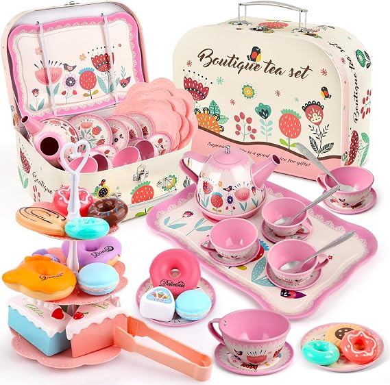 Tea Party Set for Little Girls, Flower Tea Sets Toys for Toddlers Girls Age 3 4 5 6 Year Old, Toddler Kids Kitchen Pretend Play Toys
