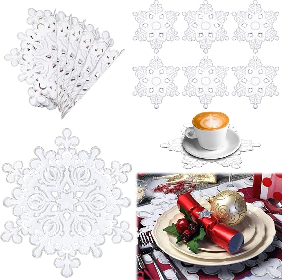 Tudomro 12 Pcs Christmas Snowflake Placemats and Coaster Set of 6 Round Table Placemats Embroidered Washable Snow Flake Mats for Xmas Winter Holiday Wedding Party Festival Dinner Decorations