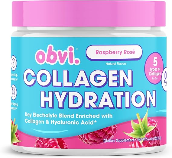 Obvi Hydration Powder | Electrolyte & Collagen Peptide Complex | 5 Types of Collagen with Hyaluronic Acid | Supports Skin Elasticity & Joint Health | Sugar-Free | Raspberry Rose | 30 Servings