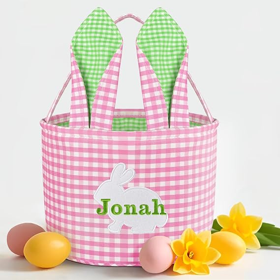 Easter Basket, Jasaino Personalized Easter Baskets, Easter Bunny Basket, Easter Egg Hunt Baskets - Pink Green Grid Basket