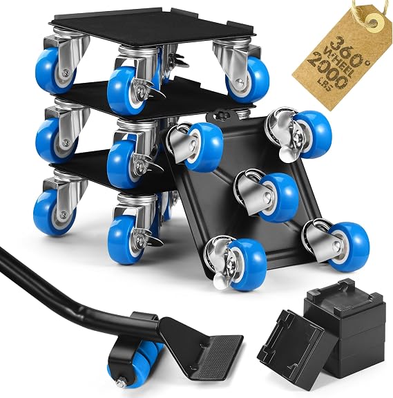 Heavy Duty Furniture Moving Tool Set, Supports up to 2000 Pounds, 5 Wheel Metal Furniture Mover, Furniture Dolly, Appliance Furniture Sliders with Wheels, Furniture Lifter Tool (Blue, 6.5" x6.5")