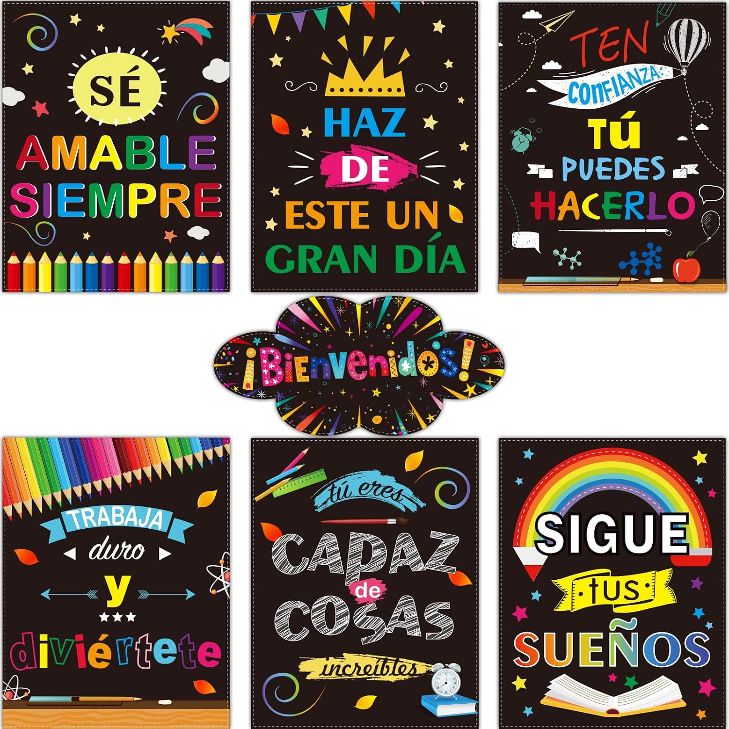 7 Pieces Bienvenidos Sign Spanish Posters Spanish Inspirational Posters Spanish Motivational Banner with Adhesive Dots for Toddler Kids Students Spanish Classroom Decorations