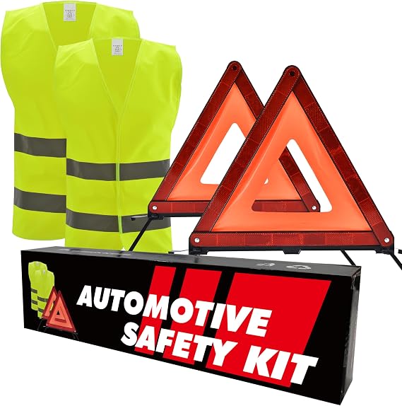 WORKKOOL Professional 2-Pack Warning Triangle Kit, ECE R27 Certified, with 2 x EN ISO 20471 Reflective Vests, for Car, Truck, HGV Roadside Safety