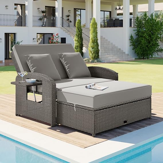 Patio Daybed, PE Rattan Outdoor Chaise Lounge Daybed with Adjustable Back, Outdoor Lounger with Foldable Side Tables, Modern Patio Outdoor Loveseat Reclining Daybed for Garden, Backyard, Grey