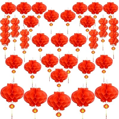 Mauts-inus 31 Pcs Chinese New Year Decoration Waterproof Chinese new year Lantern,Foldable Red Paper Lanterns for Spring Festival Wedding Home Birthday Party Decorations