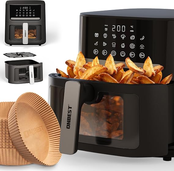 ONBEST Hot Air Fryer XL 6.5 L - Airfryer with Viewing Window 1600 W hot air fryer with 12 cooking programs 100 x baking paper and frying without oil for 2-5 people
