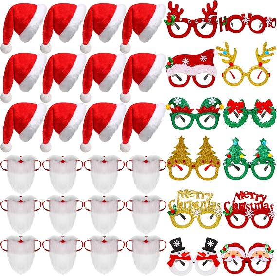 JaGely 36 Pcs Santa Hats Christmas Glasses Bulk Santa Claus Beard Mask Set Xmas Photo Booth Props Christmas Party Decorations for Adult Xmas Holiday Party Favors Supplies