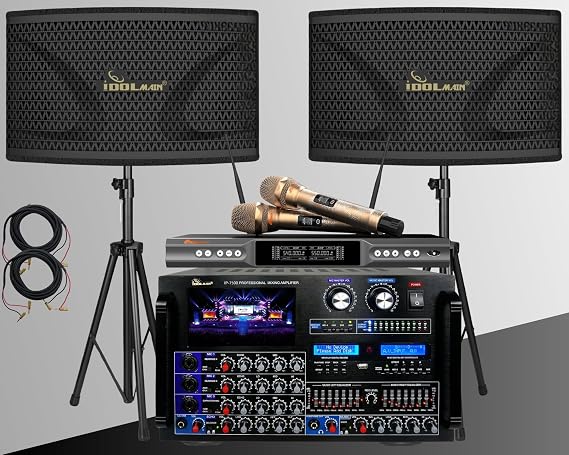 Bluetooth Built-in 8000W Professional Mixing Amplifier with 4000W 12" High-End Speakers with Bass Booster and Wireless Microphones Home Karaoke System