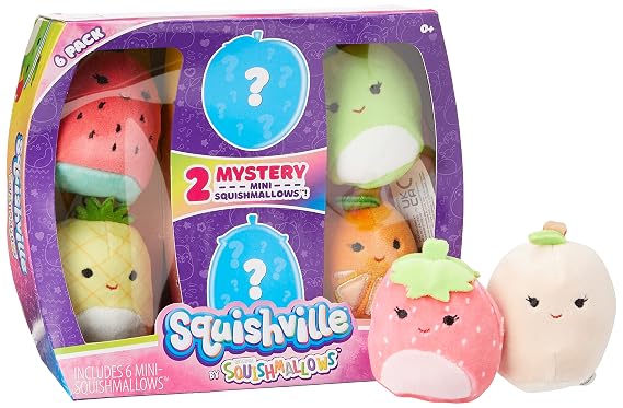 Squishville Squishmallows Mystery Mini Plush Fruit Squad, Six 2 Soft Minimallow Fruit Plush, Irresistibly Soft Colourful Fruits, Mini Peach, Pineapple, and Watermelon Squishmallows