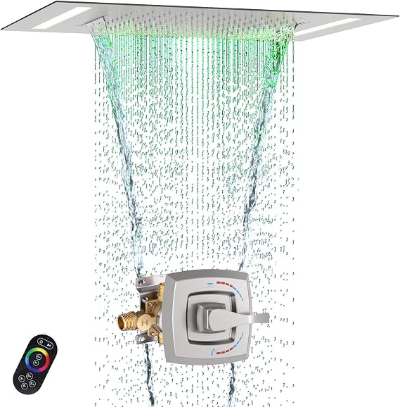20x14-Inch Luxury LED Spa Shower System with 2 Way Brass Mixer Valve, Rainfall Waterfall 2 Modes Showerhead with Remote Control, Brushed Nickel