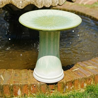17 Ceramic Bird Bath for Outdoors, Tall Pedestal Birdbath with Floral Pattern, Blue Rose Ombre Glazed Finish, Weather-Resistant Outdoor Garden Bird Bath for Patio, Lawn & Backyard.