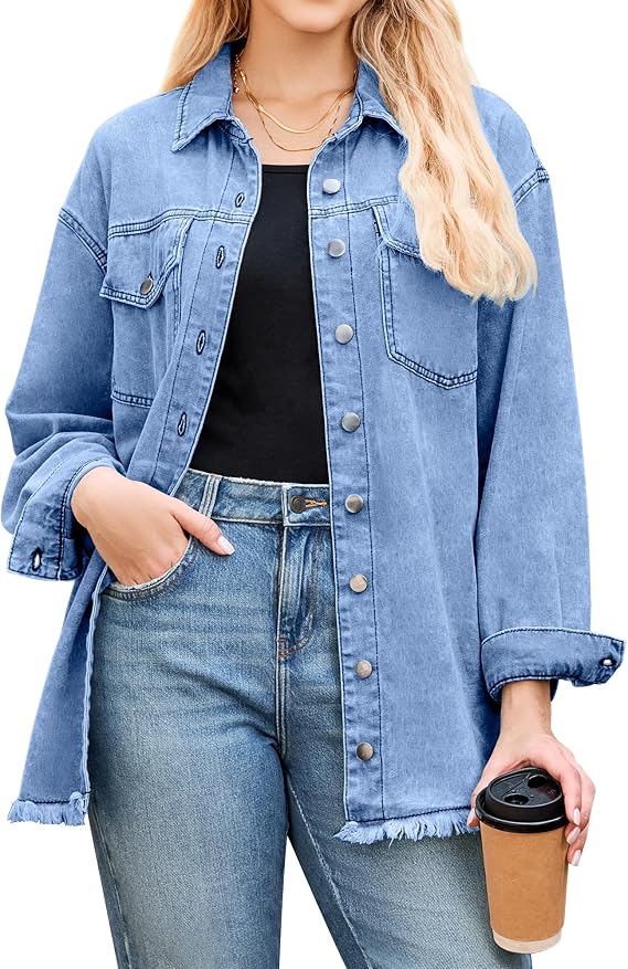 LookbookStore Jean Jacket Women Trendy Oversized Button Down Long Sleeve Frayed Hem Denim Shirt Jackets Distress Shacket