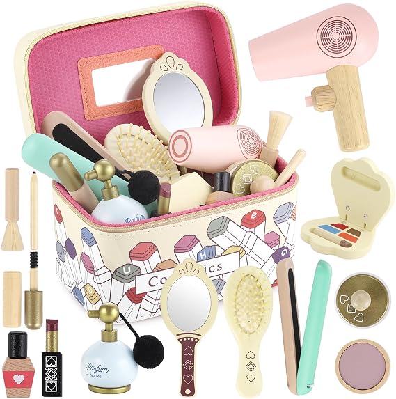 GAGAKU Wooden Makeup Toy Set Wood Hair Salon Playset Toddler Wooden Makeup Kit for Girls,Christmas Birthday Gift for 3 4 5 6 7 Years Old Kids