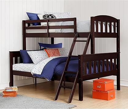 DHP Airlie Convertible Wood Bunk Bed Twin Over Full Size, Stackable and Detachable Bed Frames for Kids, Teens, Angled Ladder, High Guardrail, Wood Slats, No Boxspring Required, Espresso