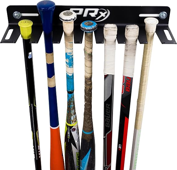 PRx Performance Baseball Bat Rack and Sports Stick Storage Hockey Lacrosse Hanger Wall Mount 14 Metal or Wood Bats Caddy Holder USA Made Softball Hooks for Home