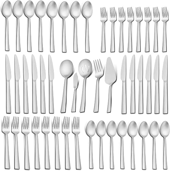 LIANYU 65-Piece Matte Silverware Set with Serving Utensils, Stainless Steel Flatware Cutlery Set for 12, Square Tableware Eating Utensils Set for Wedding Restaurant Home, Satin Finish, Dishwasher Safe