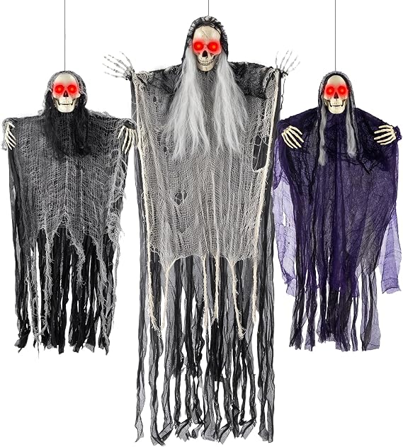 Halloween Decorations Outdoor, 3 Pack Glowing Eyes Hanging Skeleton Ghosts