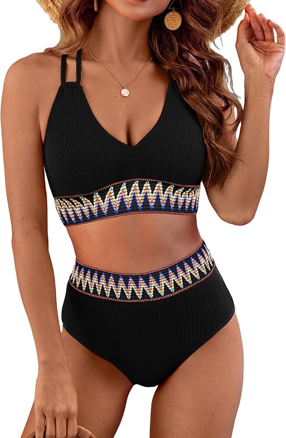 BMJL Womens High Waisted Bathing Suits Ribbed Two Piece Bikini Sets Sexy V Neck Push Up Swimsuits