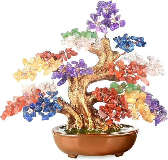 Seven Chakra Crystal Tree of Life (360 Large Stones) Natural Gemstones Chakra Balancing Healing Crystals for Positive Energy, Office & Home Decor 8"