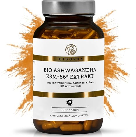 QIDOSHA Organic Ashwagandha KSM-66 Extract 180 Capsules 5% Withanolide 600mg per Daily Serving