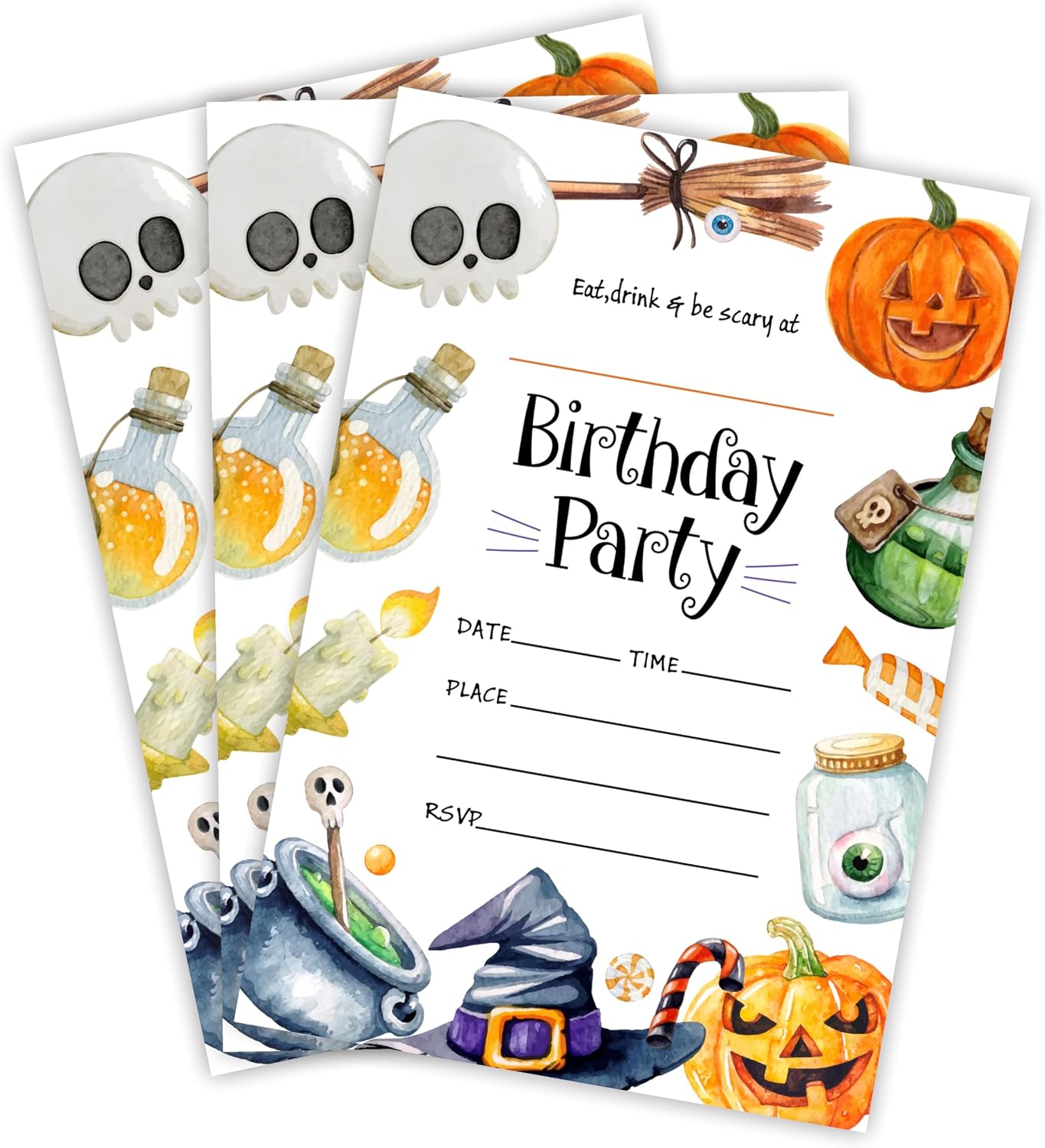 EXW Halloween Birthday Party Invitations With Envelopes - Watercolor Pumpkin & Skull - 20 Invitations With Envelopes - Costume Party, Scary, Spooky Invite Cards For Boys & Girls, Party Supplies - A05