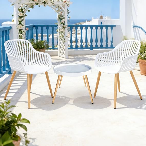 Balcony 3-Piece Outdoor Furniture Set, 2 Modern Dining Chairs with Side Table, All-Weather Indoor/Outdoor Patio Bistro Set for Small Space, Porch, Garden, White