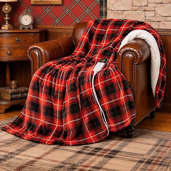 Heated Electric Blanket Queen, Red Christmas Sherpa Plaid Blanket