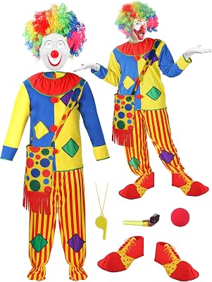 Liitrsh 9 Pcs Carnival Mardi Gras Clown Costume Set Clown Mask with Bag Shoes Rainbow Wig Nose Whistle for Man Roleplay Party