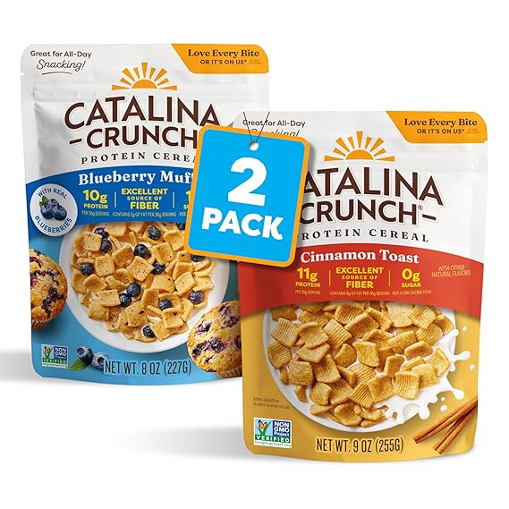 Catalina Crunch Protein Cereal | Sugar Free Breakfast Cereal with up to 11g of Protein | Gluten Free, Keto Friendly | Variety Pack Cinnamon Toast & Blueberry Muffin (Pack of 2)