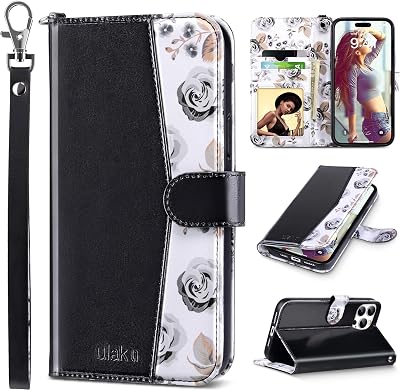 ULAK Compatible with iPhone 15 Pro Wallet Case with Card Holder, Flower Flip Case Wallet for Women Girls PU Leather Kickstand Wrist Strap Shockproof Phone Cover for iPhone 15 Pro 6.1, Black