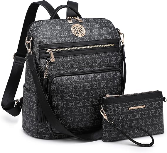 Women's Convertible Backpack Purse, Large Leather Travel Backpack 2PC Set