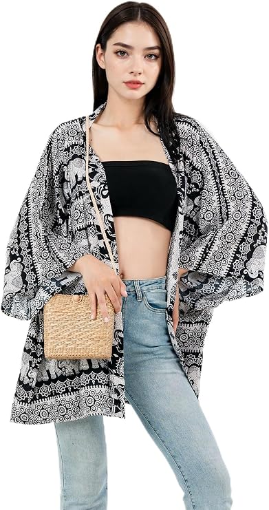 Boho Kimono Cardigan for Women with Hippie Gypsy Print Lightweight Summer Beach Cover Up & Open Front Bohemian Top