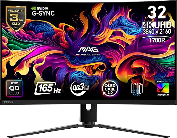 MSI 31.5 MAG 321CUP QD-OLED, Gaming Monitor, UHD, 16:9 Curve 1700R, QD-OLED, 165HZ, 0.03ms, G-SYNC Compatible