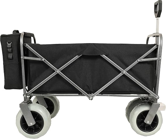 Folding Wagon, Beach Wagon, Utility, Heavy Duty 9 Inch All Terrain Wheels, 500 Lb Steel Frame, Cooler Bag, Straps, 3 Piece Liner and Cover Set, Black