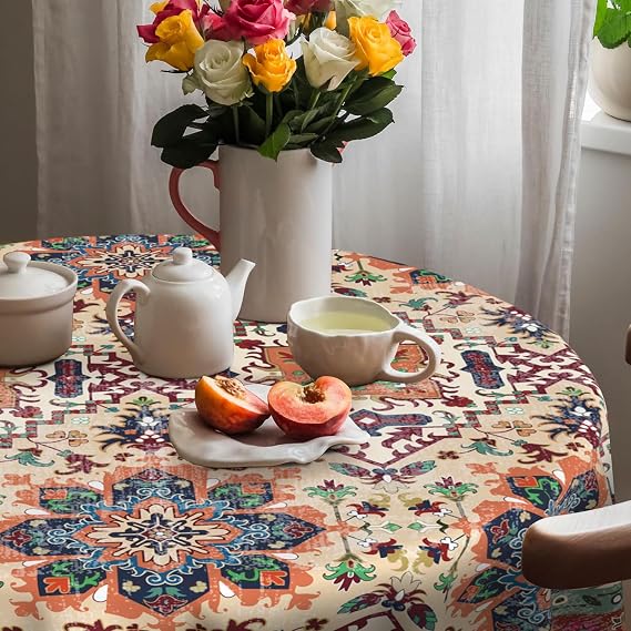 Hexagram Boho Tablecloth 60 Inches Round, Bohemia Style Tablecloth