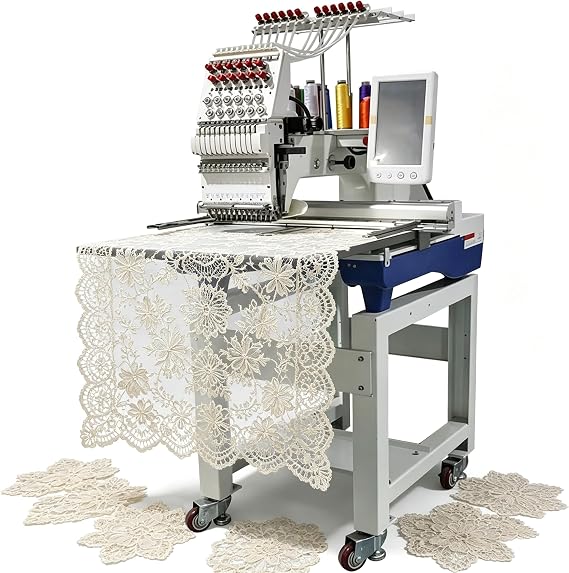 Movable Caster Stand Commercial Embroidery Machine, Computerized 12 Needle Embroidery Sewing Machine, Industrial Heavy-Duty Hat Embroidery Machine for DIY Workshop Uniform Promotional Items Business